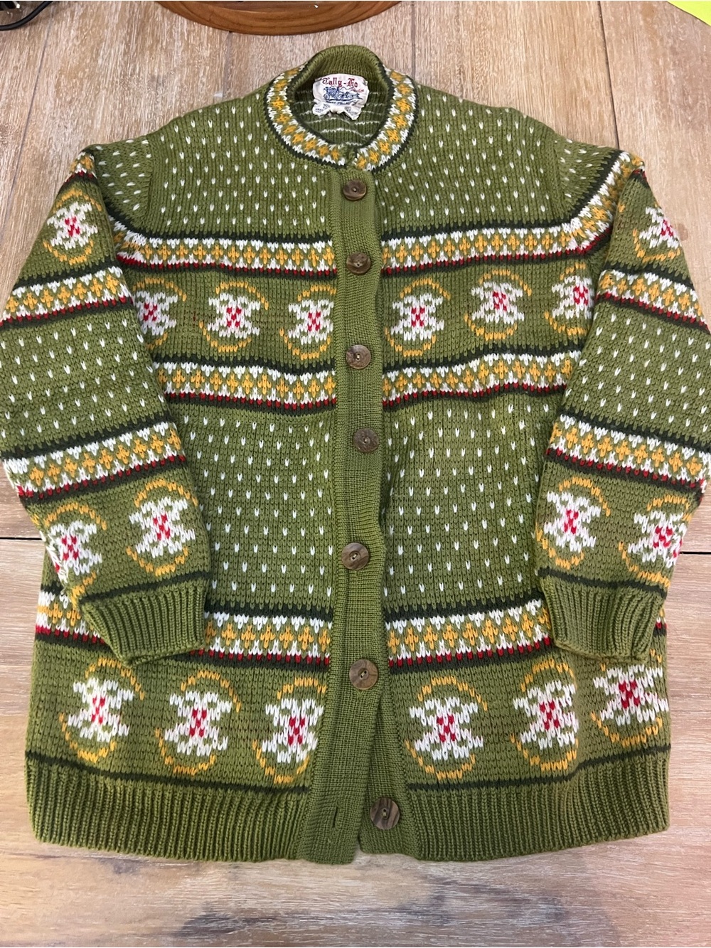 Tally Ho Olive Green Knit Cardigan with Fair Isle Accents - Picture 1 of 5